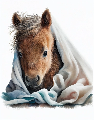 baby horse in a blanket, watercolor clipart, transparent background,