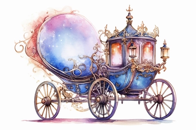 Watercolor Cinderella Carriage Clipart, On White Background, Spaced Out, 4K, Fairycore, Very Detailed, Ultra-HD, Vector Art