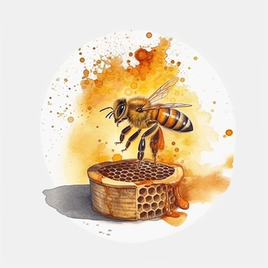 watercolor, A honey bee hovering near a beehive entrance, carrying a load of pollen on its hind legs, with a focused expression, with a honeycomb pattern as the coat or attire. (Digital drawing clipart, image black border color, full body, flat texture, transparent background, disney style)