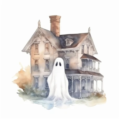 hand drawn little floating ghost outside a Victorian mansion, on Halloween night, ghost is glowing and almost sheer, cute and glamorous , very detailed and realistic, watercolor, white background with margins, clipart style