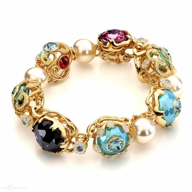 generate a clipart depicting perfect gemstone bracelet with intricate details and a lustrous surface. slender and lightweight small gemstone swarovski charms top view for product sales sophisticated locking ornament S-hook clasp truly timeless elegance premium luxury AAA+ opal adularescence incorporating precious gemstone gold druzy treasure delightful expensive big very clearly baroque pearl luster organic forms gold plated fresh water pearls ornate seamless pattern photo realistic honestly rea