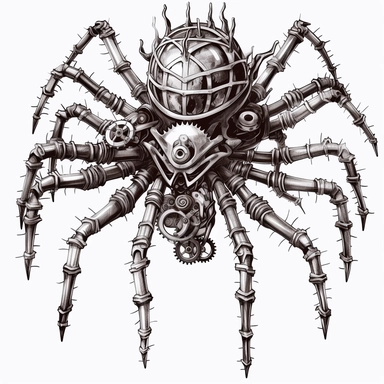 A mechanical steampunk spider crawling up a wall, its legs comprised of various interlocking gears ,Steampunk, black and white color obly, black ink, transparent background png, clipart no captions