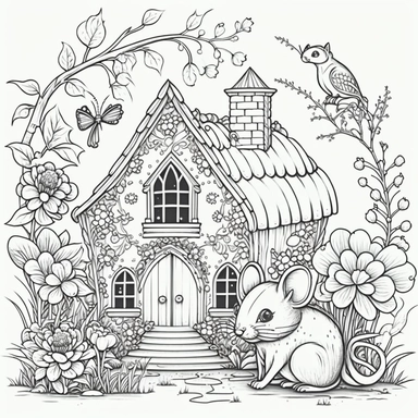free printable mouse house coloring pages clipart hd clipart black and white download, in the style of whimsical dreamscapes, monochromatic serenity, cottagepunk, meticulous design, tranquil gardenscapes, charming characters, tattoo-inspired