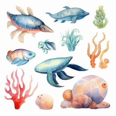 Create a set of charming watercolor clipart illustrations featuring real ocean animals. Embrace a style reminiscent of playful storybook illustrations. Use pastel colors to bring out the gentle nature of these creatures, while maintaining a sense of realism. Capture the innocence and wonder of childhood through the depiction of these adorable marine creatures.