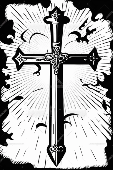 clip art of Christian Cross turning into a sword, black and white, white background, only design, simple design, clip art, outline, silhouette
