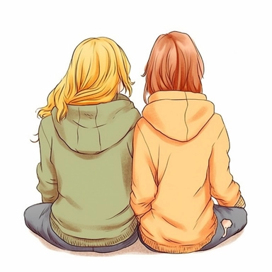 cute clipart of two adult friends, girl friends, wearing hoodies, sitting down, back facing, closeup, sweet, white background