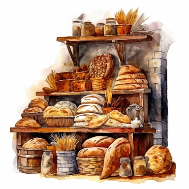 rustic old bakery, bread, flour, baker, watercolour clipart