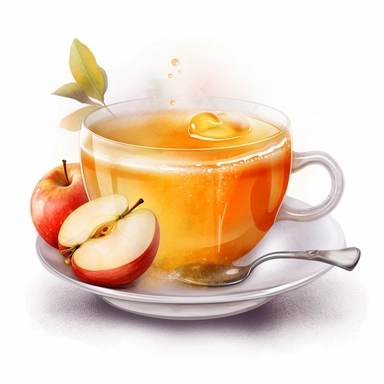 create a beautiful high quality disney style watercolor clipart image of a cup of hot apple cider being served in a fancy decorative teacup, white background, no font, no text
