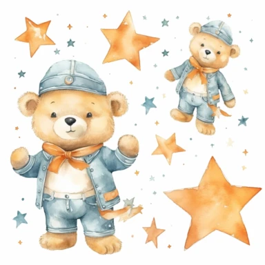 watercolor sailor bear with stars by the free art set of clipart clip art set, in the style of light cyan and dark beige, sabattier filter, multidimensional layers, dark white and light orange, layers of texture, sharp linework, vector, illustration, white background