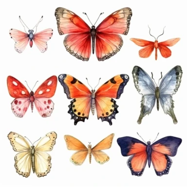 Insect illustrations, various butterflies, watercolor clipart with sharp outlines and strong handwriting, comics, full-size watercolors, watercolor style, in the style of Timothy Easton