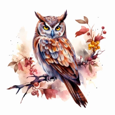 floral brown owl sitting on a branch clipart, watercolor technique, 8k detailed digital art, bright, colorful, soft lightning, sharp clear focus, detailed, sharp, on a white background