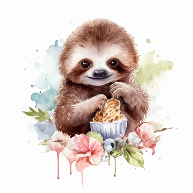 realistic cute baby sloth eating watercolor clipart, white background