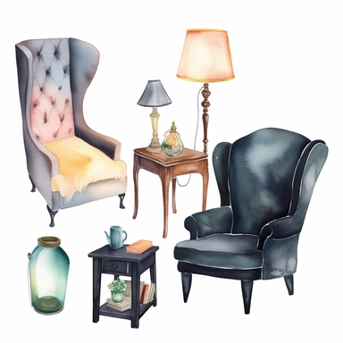 watercolor, home furniture set with armchair, table and carpet. Hand painted holiday illustration with interior objects isolated Full body realistic cartoon in 32K UHD cute. 15 cm thick outline. Black color. There was no shadow on the ground. 8k with realistic watercolors and detailed illustrations. PNG clipart, transparent white background