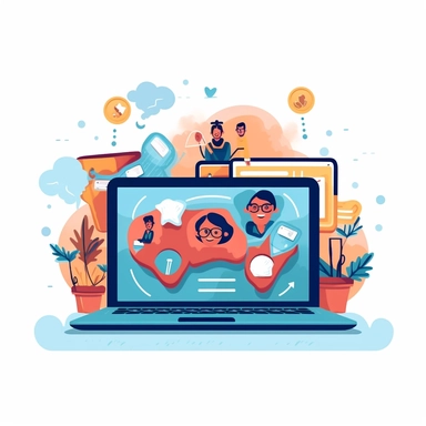 2d clipart of a laptop opened with the screen serving as the board for the teacher and the keyboard serving as the seats for the students with a small wifi symbol on the students heads showing the true definition of Online teaching