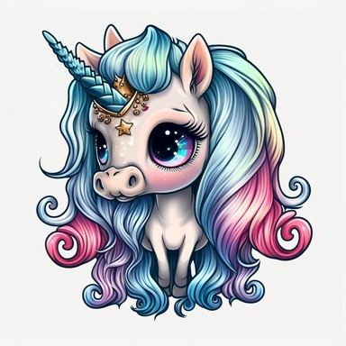 cute unicorn pet, extra long hair, tiny chibi body, rainbow skin tone, blue eyes, butterfly wings, tiara, clipart, sticker, retrowave style, no background, hd