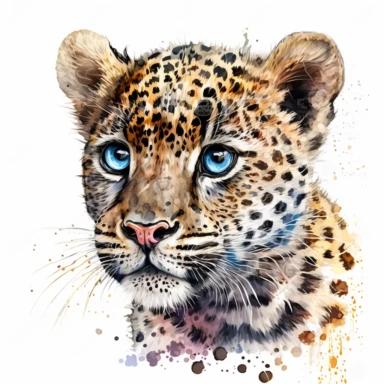 Little cute leopard, happy face, happy look, shining beautiful big eyes, bright high contrast coloring, white background, watercolor, hyperrealism, high detail, isolated elements, set, clipart