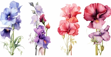 Watercolor realistic Hollyhock, iris, morning glory orchid and peony floral cliparts with white background
