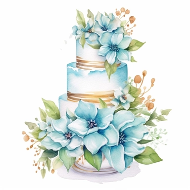 clipart, isolated on white background, Watercolor cake with flowers, cyan colored, ornated, pastel colors