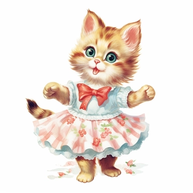50s vintage kitsch cat illustration clipart, watercolor, Hand drawn painting, isolated on white background, watercolor illustration by katie daisy, highly detailed, white background for removing background - - no text shadow font watermark
