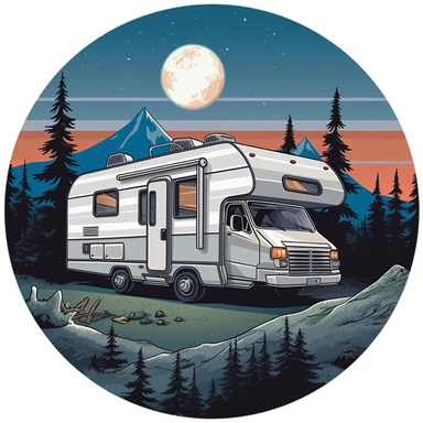 clipart of an RV at a campsite, white clean edged circular background, clean lines and edges