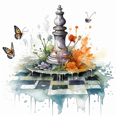 Clipart, White background. A chess piece Pond with wings and helo. Abstract, fun, expression, colorful and detailed. Lined pencil illustration, ornamental watercolor, and a simple painting one brushstroke representing breaking free spiritually. Secret garden, steampunk, studio light, quill pen. Ink splatter, air bubbles, in the style of Jan van Huysum’s paintings, with a lush arrangement of ecosystems, sunlight, surrounded by forest, play of lighting and plant whimsical captivating detail. Minim