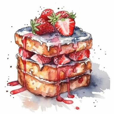 a watercolor strawberry Rhubarb Stuffed French Toast desserts clipart, hd, on white background, spaced out