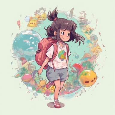 A detailed illustration of a Japanese kindergarten girl, going to school, wearing a cute backpack, style cartoon, colors, two-dimensional, planar vector, character design, T-shirt design, stickers, colorful splashes, and T-shirt design, Studio Ghibli style, soft tetrad color, vector art, fantasy art, watercolor effect, Alphonse Mucha, Adobe Illustrator, hand-painted, digital painting, low polygon, soft lighting, aerial view, isometric style, retro aesthetics, focusing on people, 8K resolution, u