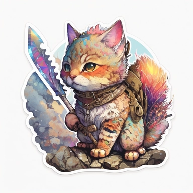 sticker with white border, on white background, cute baby bobcat, adventurer, fantasy, dungeons and dragons, watercolor clipart, vibrant rainbow colors, classic disney style, playful and whimsical watercolor