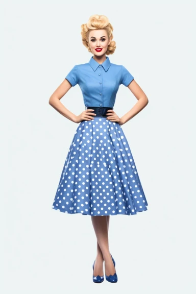 full body shot of a posing housewife against white background, in the style of vintage-inspired pin-ups, realistic figures, polka dot madness, neon indigo and blue, against qhite background clipart png