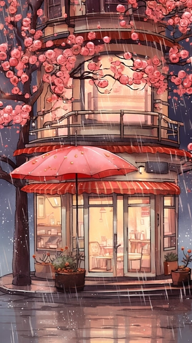 Very very cute and Whimsical quirky Jazzy coffee shop, building corner, cherry tree blossom, Raining colorful, Watercolored illustration in the style of Michael Powell, clipart, city vibe background - 8K