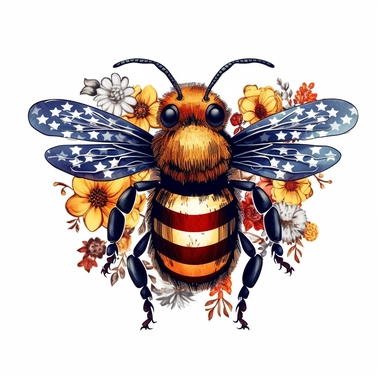 Create a Describe the symbolism behind the American flag bee sublimation clipart,Colorful design , white background , high resolution