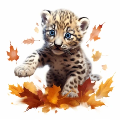cute leopard cub, pouncing on fallen leaves, mistaking them for prey, bold colors, clipart, on a white background