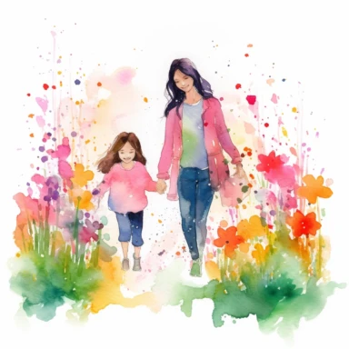 DetailedMother's day clipart featuring a smiling mother and child, holding hands while walking in a garden full of vibrant flowers and blooming trees, capturing the love and warmth between them, Watercolor painting, using soft pastel colors and light brush strokes to create a dreamy effect water color Mother, super cute, solid white background, clipart, motherhood