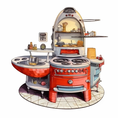 watercolor and ink styling, retro futuristic space age kitchen stove, clipart on plain white background, 50s vibes, super high detail ultra precision 16k HD, clean crisp brushwork, painted by Beatrix Potter