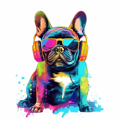 french bulldog, transparent backround,clipart,4k hd,full body,differend positions ,headphone,sunglasses, really really colorful
