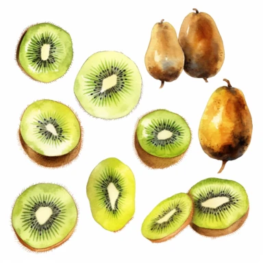Draw a set of playful and colorful, watercolor style illustrations of kiwis, evenly space elements for clipart, white background