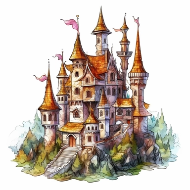watercolor clipart of a fairytale magic castle, colored pencil drawing, isometric, isolated white background, rendered in 26k