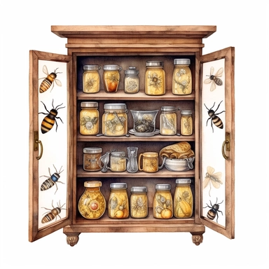 whimsical watercolour clip art curiosity cabinet with glass doors. Bee and honey themed