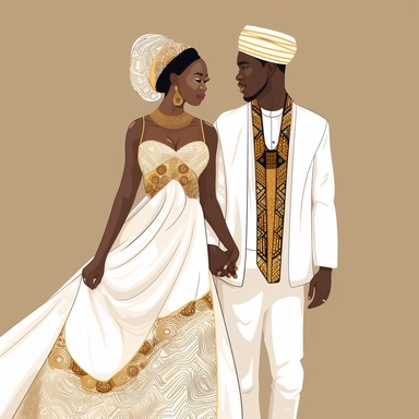 Create a cultural clipart of a wedding couple very in love and close that represents [nigerian women in a stunning wedding dress] and [french man in suit