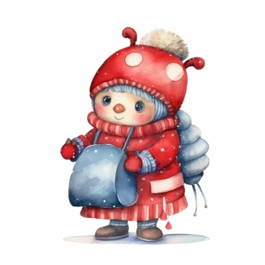 Watercolor, cute Christmas lady bug, with a red hat, coat and sack of gifts, PNG, winter, nursery, cartoon, highly detailed, watercolor, very high details, white background, clipart style