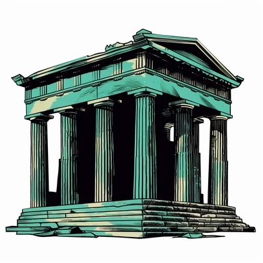 clipart, temple of Pallas Athena, ancient Greek style, black, blue, green colours