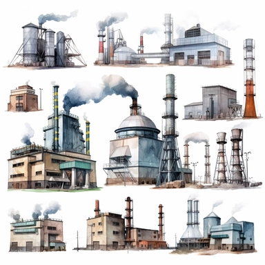 watercolor, power stations and plants for energy generation. Different types of factory buildings of heavy industry, generate electricity. png Full body realistic cartoon in 32K UHD cute. 15 cm thick outline. Black color. There was no shadow on the ground. 8k with realistic watercolors and detailed illustrations. PNG clipart, transparent white background