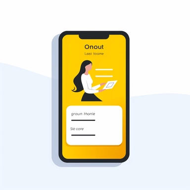 generate a sign up page mobile screen ,ui design, flat mobile view, yellow color large signup with gmail button in the middle of the screen ,minimalistic,clipart of a woman using Bit coins, white background, illustration,some text before the button,white color background,yellow color Button,home pahe logo on the right top of the screeen,some blank space on the bottom of the screen,flat vector, Figma, dribbble, user interface
