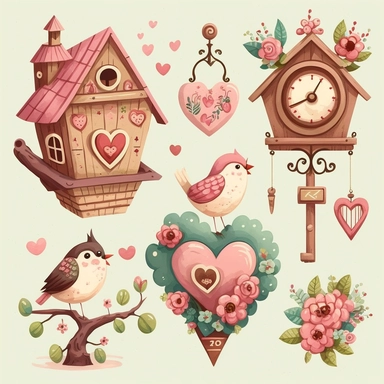 Create a collection of charming and whimsical clip art images of Valentine's themed cuckoo clocks. The images should incorporate elements such as traditional cuckoo clock designs adorned with symbols of love and Valentine's day such as hearts, cupids, and roses. Use watercolor and cartoon-style illustrations to add a playful and imaginative touch. The overall design should evoke a sense of love and celebration, highlighting the beauty and simplicity of natural materials and flowers in a traditio
