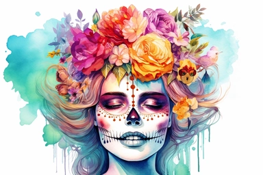 beautiful girl holding a insulin vial, half of her face is a skull, colorful vibrant flowers, watercolor clipart