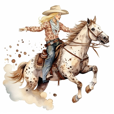 beautiful clipart of a blonde cowgirl riding a spotted bucking bronco horse in water color on a white background