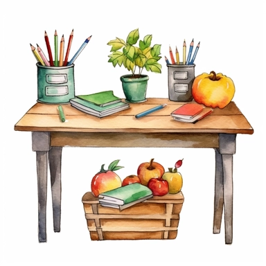 hand drawn, A teacher table , illustration Watercolor clipart, katie daisy style, single object,png,transparent, white background for removing background - - no text shadow font watermark