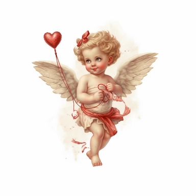 vintage adorable little cupid with red hearts, full body, clipart style, accurate details, oil painting technique, super high quality, professional clipart, high resolution, isolated white background