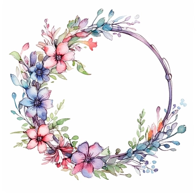 watercolor clipart of a empty suttle dainty floral circle frame surrounded by spring flowers. Capture the essence of blooming beauty and intricate details in your artwork, white background