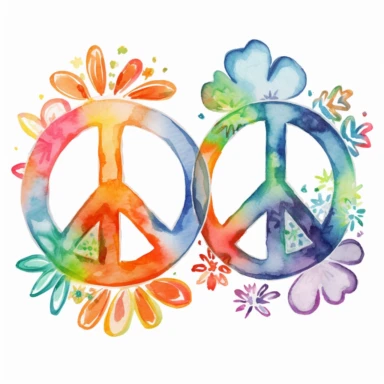 watercolor LINE ART SKETCH of 2 individually spaced apart Groovy, retro, hippie, flower power, digital printable clipart, vibrant color palette, white background